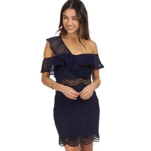 Saylor Luca Mini Dress Drop One Shoulder Navy Blue Mesh size Medium